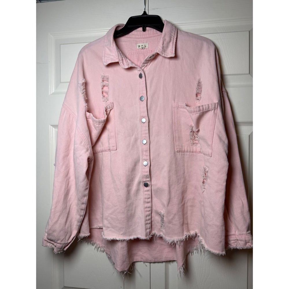 POL Pink‎ Distressed Denim Shacket Oversized Ripped Star Patch Jacket SMT1165D M
